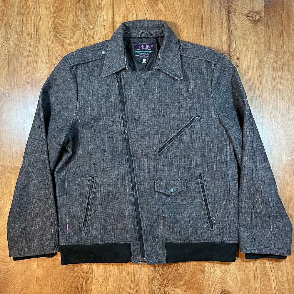 Mishka Men’s Motorcycle Jacket Dark Grey & Black Size XXL Tweed Denim Y2K